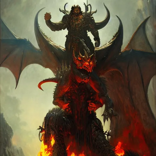 Prompt: a demon hunter stands in front of the gates to hell guarded by a huge dragon, painting by gaston bussiere, craig mullins, j. c. leyendecker, 4 k, 8 k, trending on artstation, artstationhd, artstationhq, highest detail