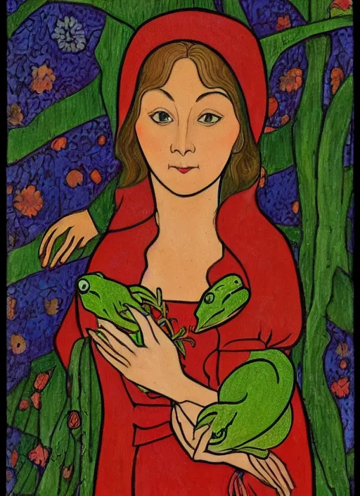 Image similar to portrait of a woman holding a frog ; pretty face ; ivan bilibin style ; 8 k