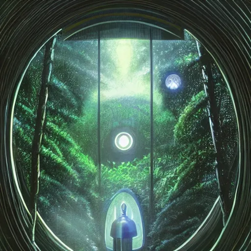 Image similar to portal in a middle of a lush futuristic forest, alien world seen through a portal, person in a cloak standing in front of a portal, syd mead, john harris