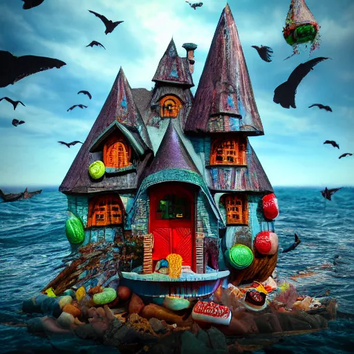 Prompt: a witches house made out of candy, on the ocean, epic scene, fantasy, redshift render, cgi, hyper - detailed, photo - bash, 8 k post - production, masterpiece