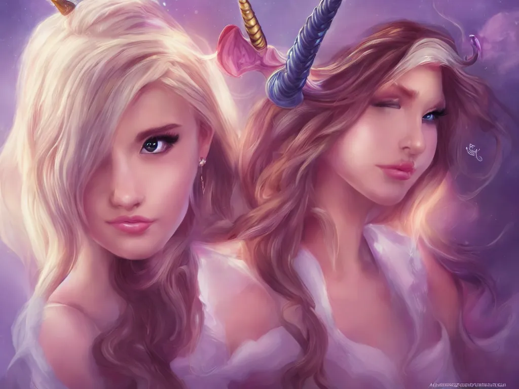 Prompt: very beautiful disney princess with a unicorn horn, perfect face, perfect body, eye contact, drawn by artgerm