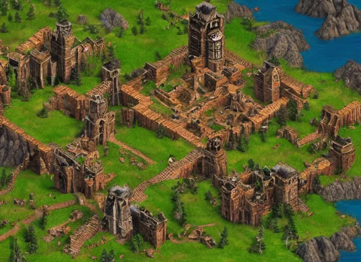 Image similar to isometric map of age of empires video game, procedural, top down, AOE2 , civilization, river, forest, cave, mountain, 3d map, woods, hills, buildings, snow, , digital art,realistic,detailed,art by greg rutkowski