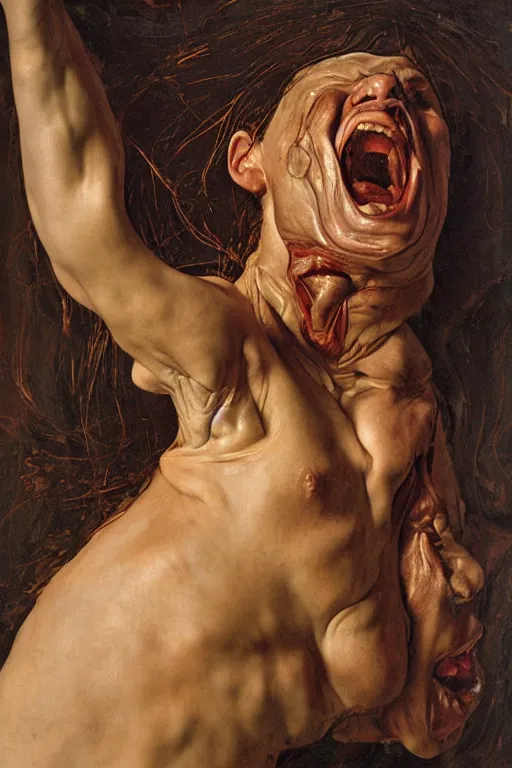 Image similar to a woman enraged, part by Jenny Saville, part by Leonardo da Vinci