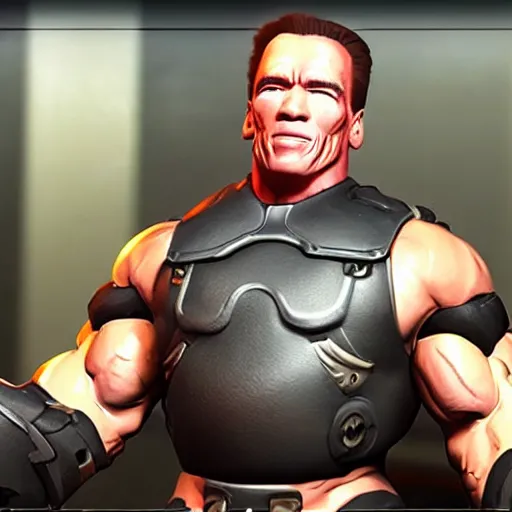 Image similar to a screenshot of arnold schwarzenegger in overwatch as roadhog