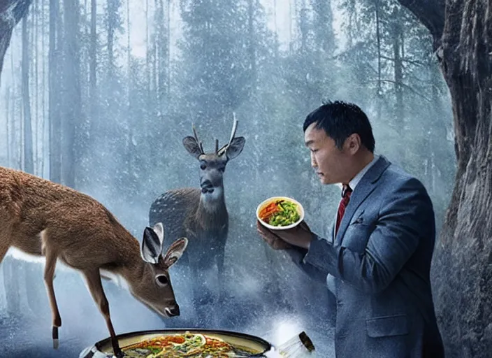 Image similar to a very high resolution image from a new movie, two deer wearing suits are eat instant noodles in a shabby temple directed by zhangke jia