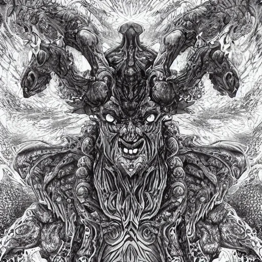 Image similar to 4K headshot of godlike Shub-Niggurath with defined arms and open hands and bloody clothes with giant mandala wings , intricate face , flawless anime cel animation by Kentaro Miura, psychedelic , highly detailed upper body , professionally post-processed , beautiful, scary, symmetry accurate features, epic, octane rendered, anime masterpiece, accurate