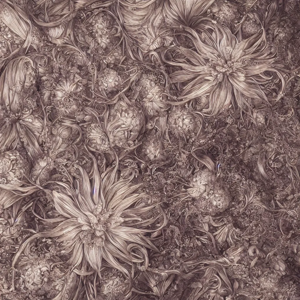 Image similar to complex flower by ernst haeckel! and mary jane ansell, closeup, fractal engravings,, realistic cinema 4 d render, beach sand background, clear focus, very coherent, very detailed