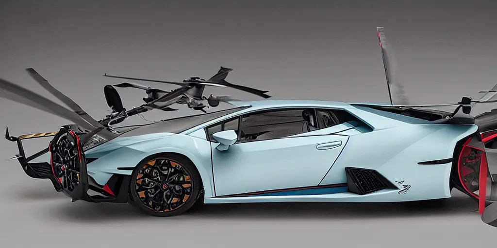 Image similar to a helicopter in a shape of lamborghini huracan car design, vehicle design, high detail, still shot