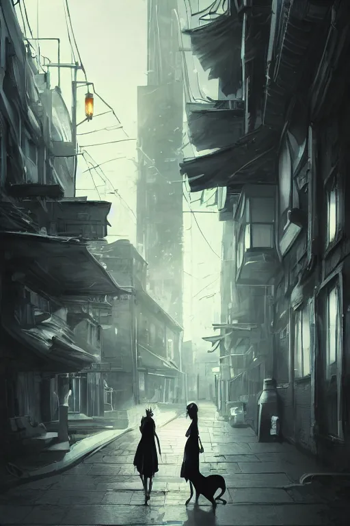 Image similar to a woman with cat ears in a black dress and thigh highs walking in a dark soviet city, digital illustration, beautiful face, volumetric, by makoto shinkai, by yoshitaka amano, by greg rutkowski, by dan mumford, highly detailed, composition, 4 k, forward facing pose, detailed street, photorealism, octane render