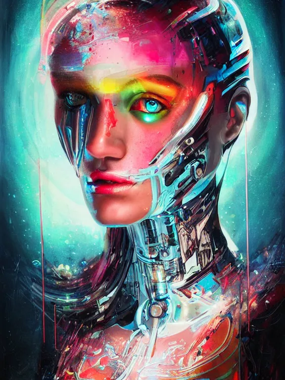 Prompt: art portrait cybernetic woman,8k,by tristan eaton,Stanley Artgermm,Tom Bagshaw,Greg Rutkowski,Carne Griffiths,trending on DeviantArt,face enhance,hyper detailed,minimalist,cybernetic, android, blade runner,full of colour,