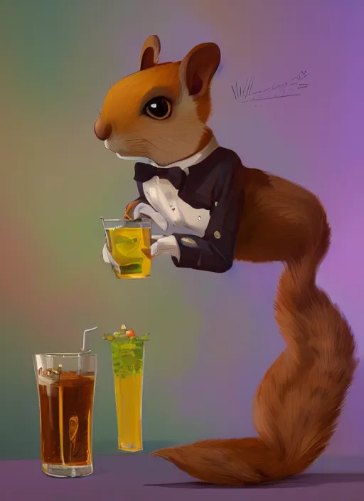 Prompt: squirrel anthro as a dapper bartender with a big, fluffy tail, retro futurism, art deco, detailed, painterly digital art by WLOP and Cory Loftis, 🐿🍸🍋, furaffinity, trending on artstation HD
