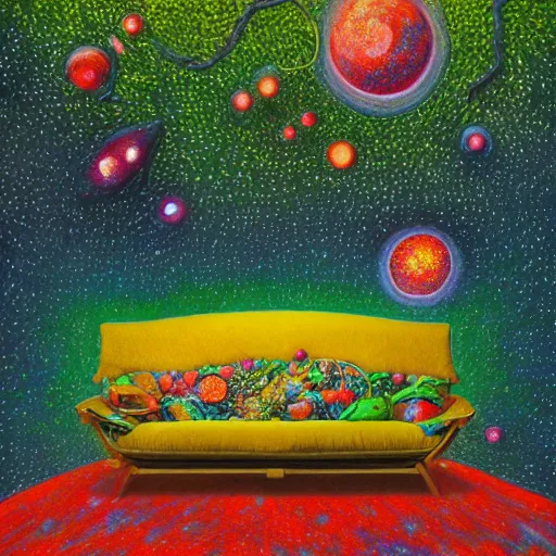 Image similar to psychedelic couch sofa in the lush forest, milky way, designed by moebius, rob gonsalves, gustav dore, giuseppe arcimboldo and carl barks, louis wain, trending on artstation, canada, star, sharp focus, colorful refracted sparkles and lines, soft light, 8 k 4 k