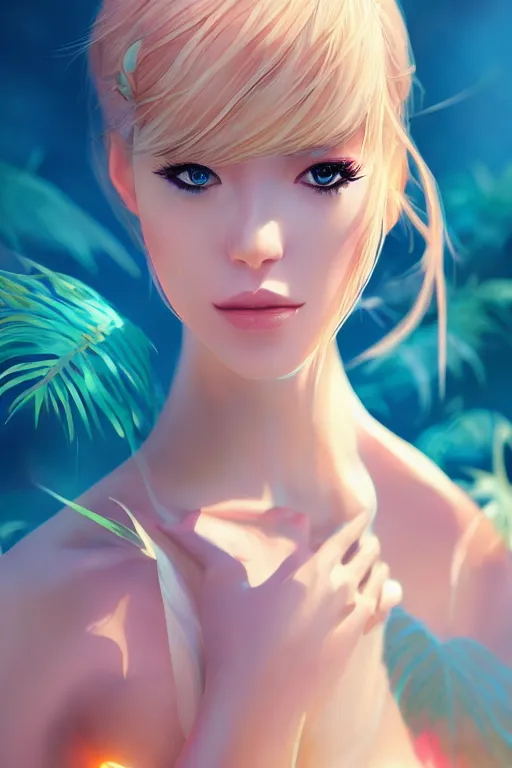 Image similar to a beautiful fashion goddness of love, chic strapless dress, tropical sea background, character design, in the style of artgerm, and wlop, cinematic lighting, hyperdetailed, 8 k realistic, symmetrical, global illumination, radiant light, frostbite 3 engine, cryengine, dof, trending on artstation, digital art