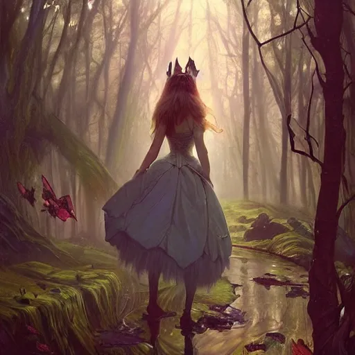 Image similar to alice in wonderland, surreal forest background, dramatic lighting, high detail, painted, by greg rutkowski, painted by stanley artgerm, painted by alphonse mucha, trending on artstation