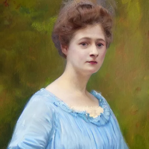 Image similar to portrait painting of a lady in a light blue dress 1 9 0 0 s entire face shown in great detail, looking at the camera, garden, photorealistic, extreme detail, sharp focus, 8 k, intricate, hyper detailed, realistic, cinematic lighting