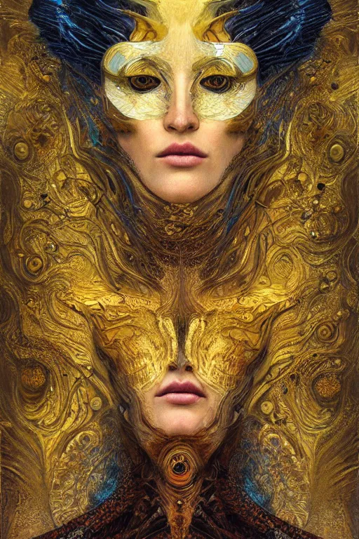 Image similar to Intermittent Chance of Chaos Muse by Karol Bak, Jean Deville, Gustav Klimt, and Vincent Van Gogh, beautiful surreal face portrait, enigma, destiny, fate, inspiration, muse, otherworldly, fractal structures, arcane, ornate gilded medieval icon, third eye, spirals