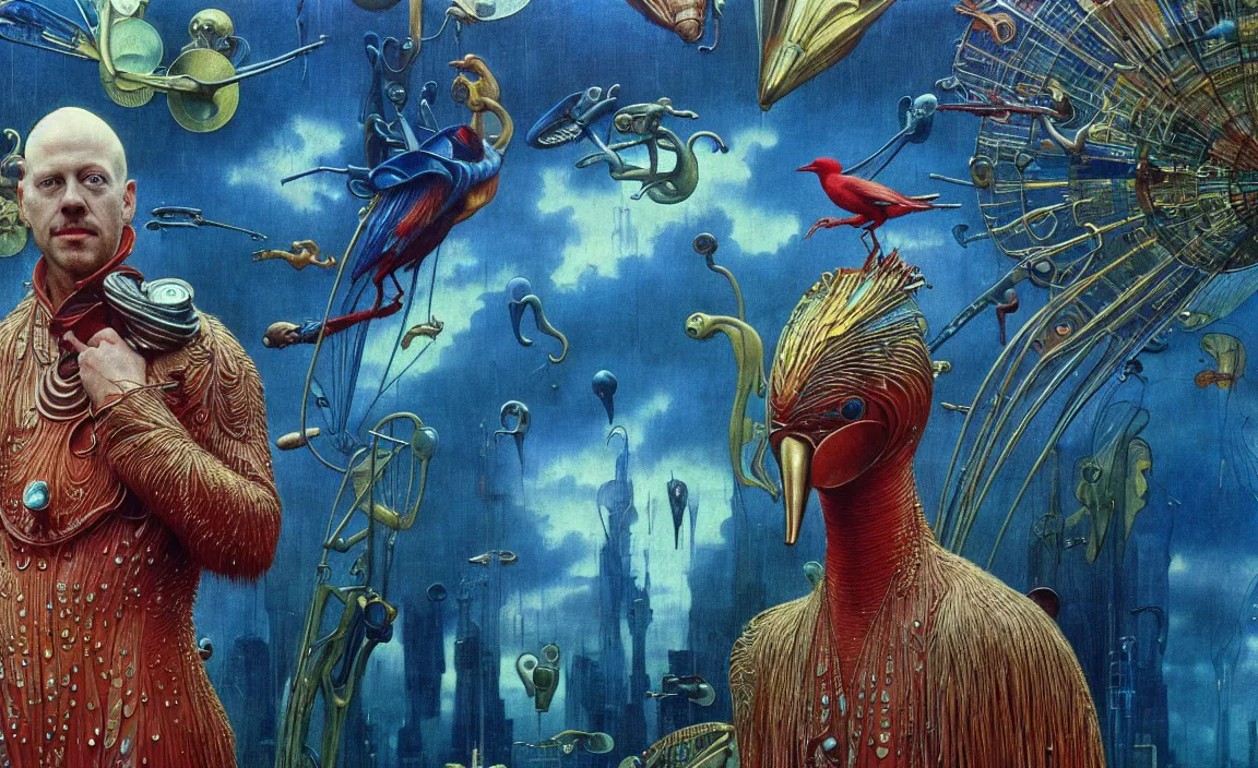 Image similar to realistic detailed portrait movie shot of a birdman wearing glossy sheer raincoat, sci fi city landscape background by denis villeneuve, amano, yves tanguy, alphonse mucha, ernst haeckel, max ernst, roger dean, masterpiece, rich moody colours, dog teeth, blue eyes