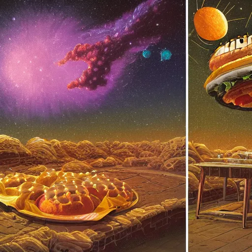 Prompt: a detailed and serene milky way and exploding nebulas made out of fantastic hamburgers in gallerie by James Ryman , dan Mumford, beeple, Johfra Bosschart, Stan and Jan Berenstain ,Gwen John