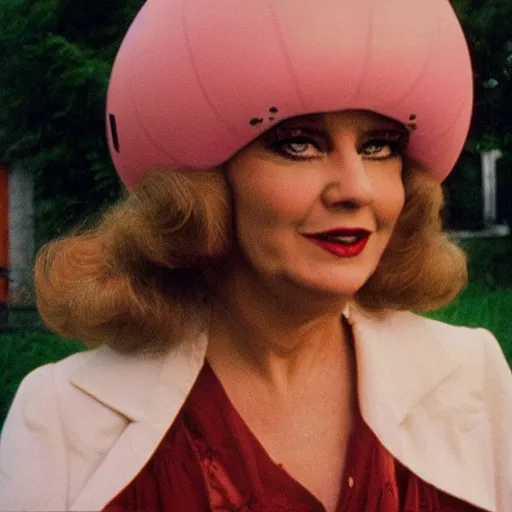 Image similar to 1976 glamorous middle aged woman wearing a transluscent inflatable toy head in a small European village 1976 French film archival footage technicolor film expired film 16mm Fellini new wave John Waters movie still