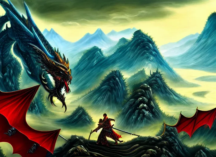 Image similar to Chinese president, bananas weapon, battle, dragon, centered, highly detailed, mountains, epic composition, background, fantasy art, oil painting, 4k