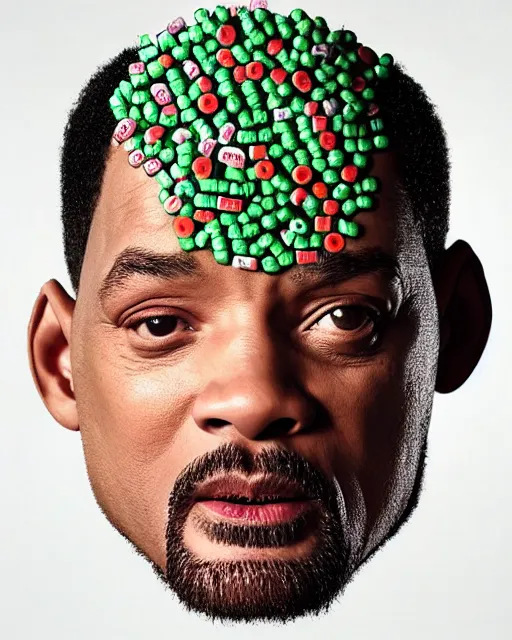 Image similar to will smith made out of pills, human face made out of pills, professional food photography, by giuseppe arcimboldo