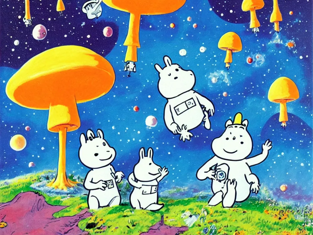 Prompt: moomins in space suits flying around with jetpacks discovering the mushroom planet, photorealistic painting