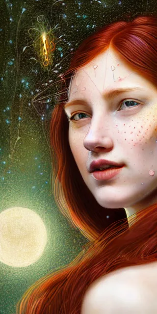 Image similar to young woman, smiling amazed, surrounded by firefly lights, full covering intricate detailed dress, amidst nature, long red hair, precise linework, accurate green eyes, small nose with freckles, smooth oval shape face, empathic, expressive emotions, dramatic lights, hyper realistic ultrafine art by artemisia gentileschi, jessica rossier, boris vallejo