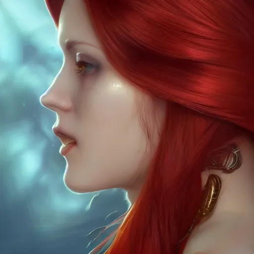 Image similar to redhead vampire sorceress, perfect face viewed in profile, bright glowing blue and silver eyes, gold shirt, cinematic, floating ash, stunning, highly detailed, artstation, smooth, hard focus, concept art, art by artgerm and greg rutkowski and alphonse mucha, volumetric lighting, octane render, 4 k resolution, trending on artstation, masterpiece