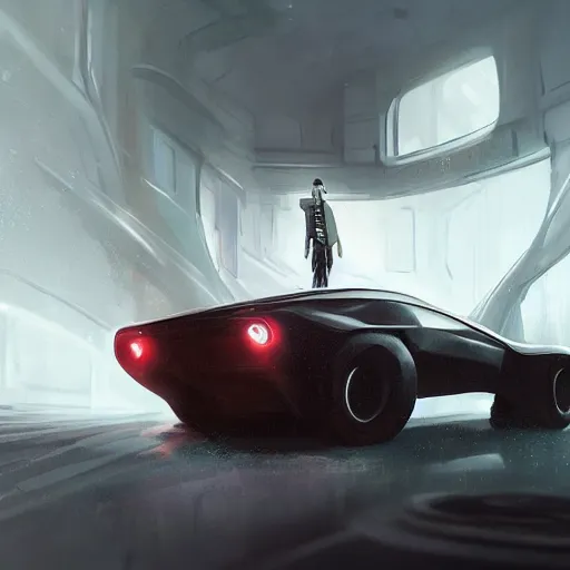 Image similar to custom car, elegant, digital painting, concept art, smooth, sharp focus, art style from Wang Ke and Greg Rutkowski and Bruce Kaiser and Scott Robertson and Dmitry Mazurkevich and Doruk Erdem and Jon Sibal, small style cue from Blade Runner and Minority Report and iRobots