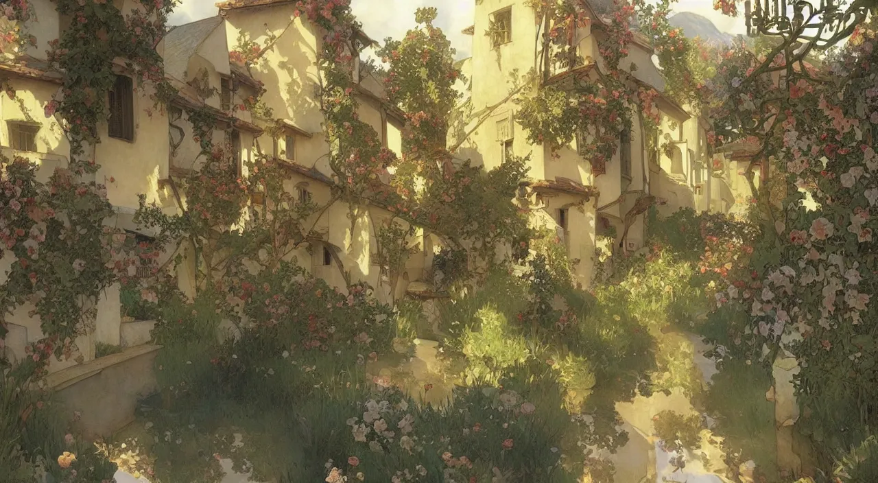 Image similar to A beautiful landscape painting of a small french village by Alfons Maria Mucha and Julie Dillon and Makoto Shinkai