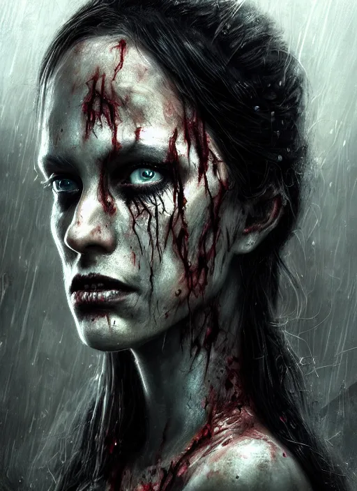 Prompt: epic portrait cinematic shot an female covered in black substance screaming in agony and becoming a zombie, apocalyptic backround, creepy, scary, fine details. night setting. realistic shaded lighting poster by craig mullism, artgerm, jeremy lipkin and michael garmash, unreal engine, radiant light, detailed and intricate environment, digital art, trending on art station,