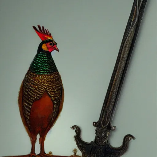 Prompt: a pheasant is girded with a belt, a big sword hangs on the belt, by lily seika jones , rivuletpaper art, top cinematic lighting, cinematic mood, very detailed, beautiful sword, shot in canon, by Viktor Vasnetsov, oil painting, harsh fairy tale, soft style, hyperrealism, beautiful, high resolution, trending on artstation, steps 50,