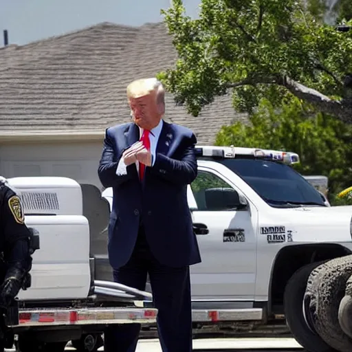 Prompt: donald trump, head in hands, swat team raid house in background,