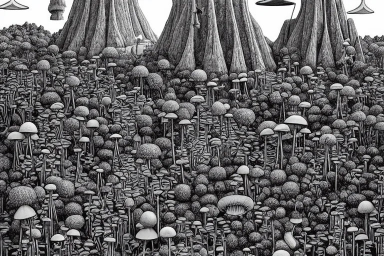 Prompt: surreal thin line art by ricardo bofill!!, a lot of jungle flowers and plants + poison toxic mushrooms surrounded by cables + long grass + garden dwarf + big stone!!! + mystic fog, 5 0's vintage sci - fi style, line art, 8 k, super detailed, high quality, top view!!!