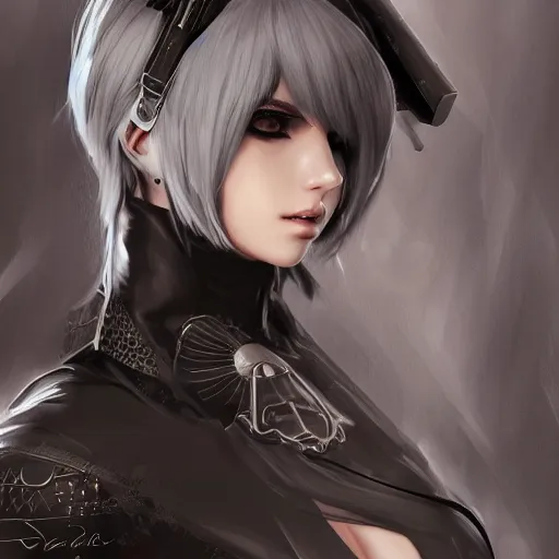 Prompt: michael de santa as 2B nier automata, intricate, elegant, highly detailed, digital painting, 4k, HDR, concept art, smooth, sharp focus, illustration,