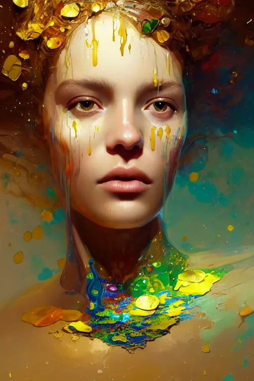 Prompt: close - up portrait of beautiful girl by irakli nadar with intricate detailed color smashing fluid oilpaint, color leaves, melting wax, broken mirror, fluid acrilic, abstract impressionism, ruan jia, scifi, fantasy, hyper detailed, octane render, concept art, by peter mohrbacher and gustav klimt,