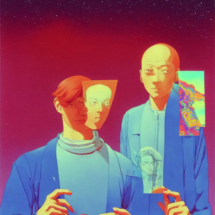 Prompt: an transparent glass portrait of a young enlgish man holding a colorful blotter paper of lsd acid and dreaming psychedelic hallucinations in the vast icy landscape of antarctica, by soul bass, kawase hasui, moebius and edward hopper, colorful flat surreal design, xray hd, 8 k, artstation