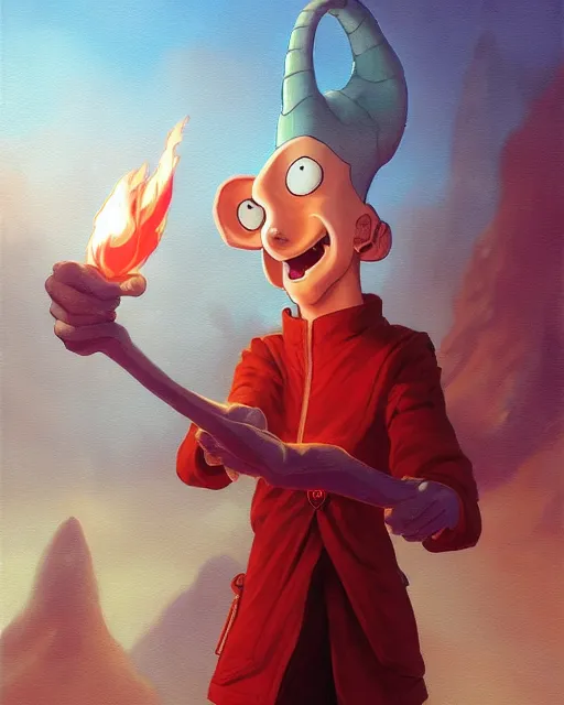 Image similar to [ squidward ] wearing fire nation clothing and practicing firebending outside at susnset, oil painting, highly detailed, intricate, hd, sharp focus, photorealistic, by moebius and greg rutkowski, trending on artstation, trending on cgsociety, realistic shading and lighting