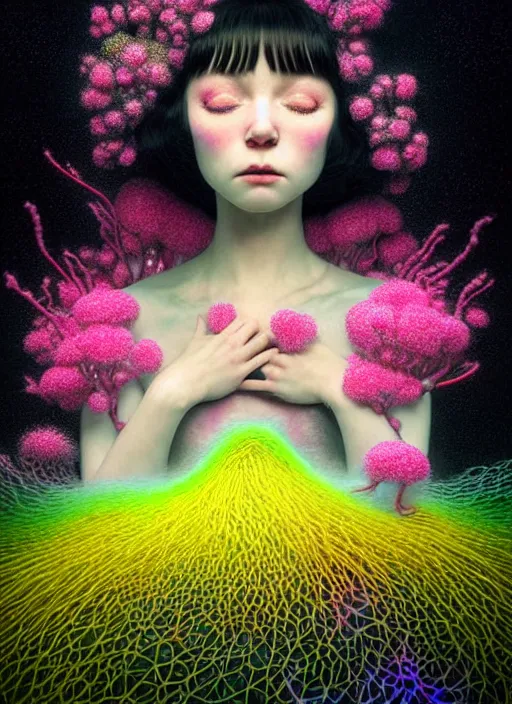 Image similar to hyper detailed 3d render like a Oil painting - kawaii portrait Aurora (black haired Fae) seen Eating of the Strangling network of yellowcake aerochrome and milky Fruit and Her delicate Hands hold of gossamer polyp blossoms bring iridescent fungal flowers whose spores black the foolish stars by Jacek Yerka, Mariusz Lewandowski, Houdini algorithmic generative render, Abstract brush strokes, Masterpiece, Edward Hopper and James Gilleard, Zdzislaw Beksinski, Mark Ryden, Wolfgang Lettl, hints of Yayoi Kasuma, octane render, 8k