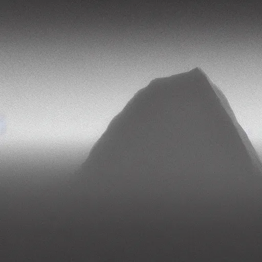 Image similar to black - monolith - with - silvery - diamond - pattern, on a mountainside, layers of fog, at sunset, attended by mastadon. surrealism.