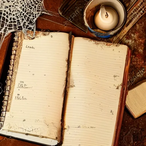 Image similar to very old and dusty diary book, covered with spider webs, nostalgic scene, candle light, warm light