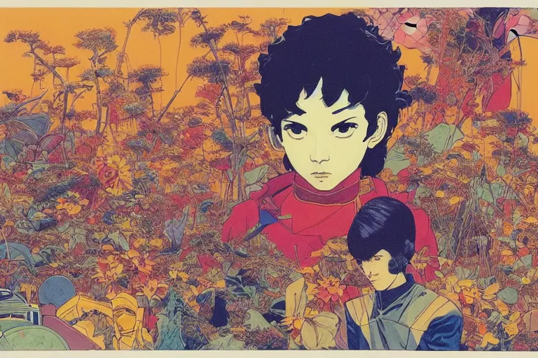 Image similar to risograph grainy drawing vintage sci - fi, satoshi kon color palette, gigantic gundam, covered with exotic flora, 1 9 8 0, kodachrome, natural colors, comicbook spreadsheet, codex seraphinianus painting by moebius and satoshi kon and dirk dzimirsky close - up portrait