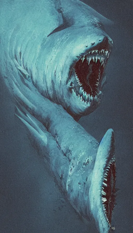 Prompt: a cerulean color pentax photograph of a monstrous horror whale, sharp teeth, giant mouth, dark fantasy horror art