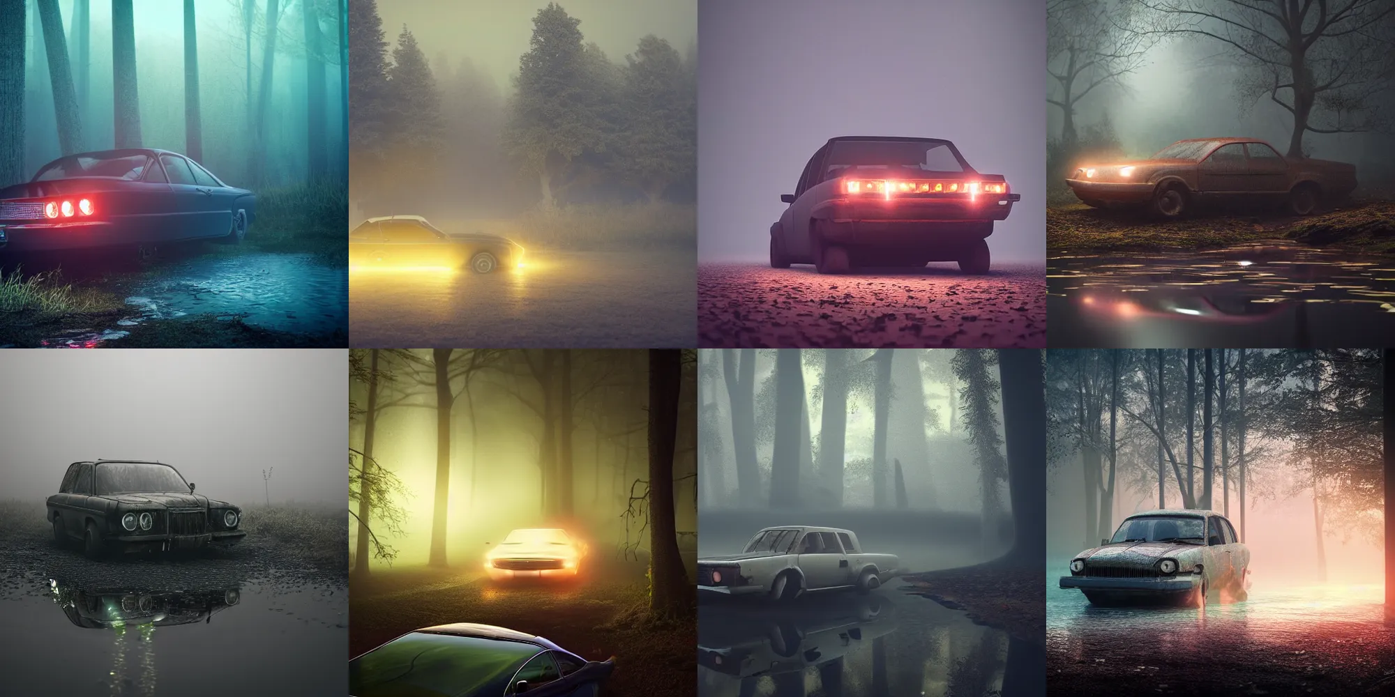 Prompt: sinking old car with bright headlights on in a beautiful dark foggy swamp, in the style of beeple and Mike Winkelmann, intricate, epic lighting, cinematic composition, hyper realistic, 8k resolution,