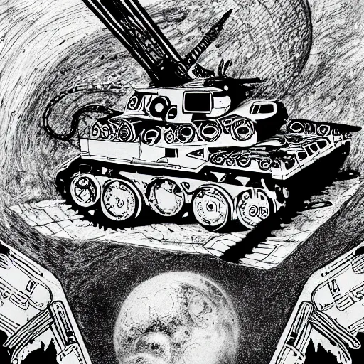 Image similar to daoist battle tank painted in white and black yinyang symbol blasting away at dystopia, cosmos backdrop, detailed pencil drawing by an alien from the future