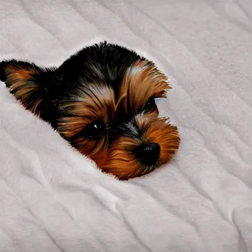 Prompt: digital painting of a cute adorable yorkie puppy asleep on a soft white blanket