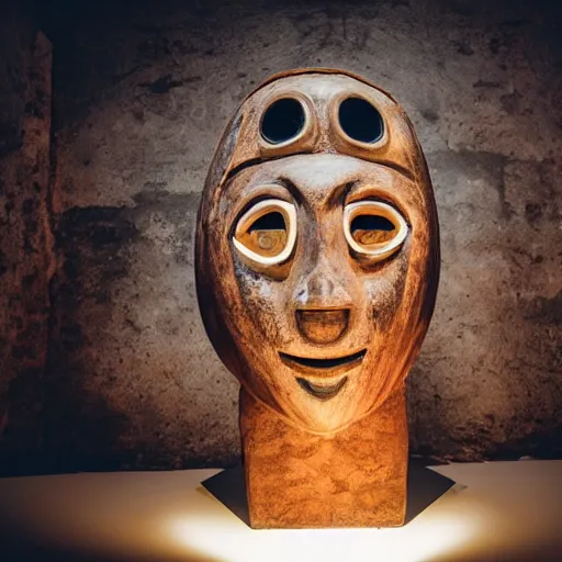 Image similar to traditional alien mask in a museum with spot lights, realistic, photography, photojournalism, national geographic photoshoot