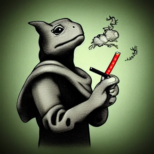 Image similar to storybook illustration of a turtle smoking a cigarette, storybook illustration, monochromatic