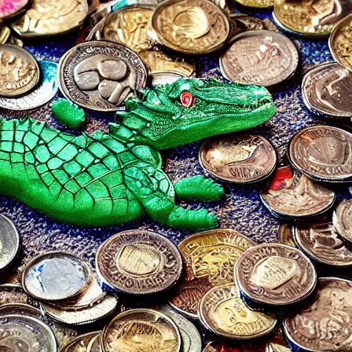 Image similar to gator sleeping on pile of coins and rubies, river, green, brown, blue, airbrush