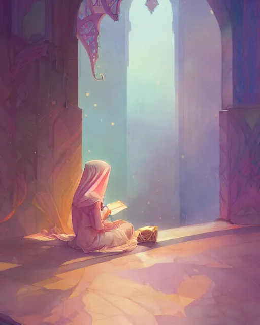 Prompt: pages of the quran falling down romantic storybook fantasy, soft cinematic lighting, award, disney concept art watercolor illustration by mandy jurgens and alphonse mucha and alena aenami, pastel color palette, featured on artstation